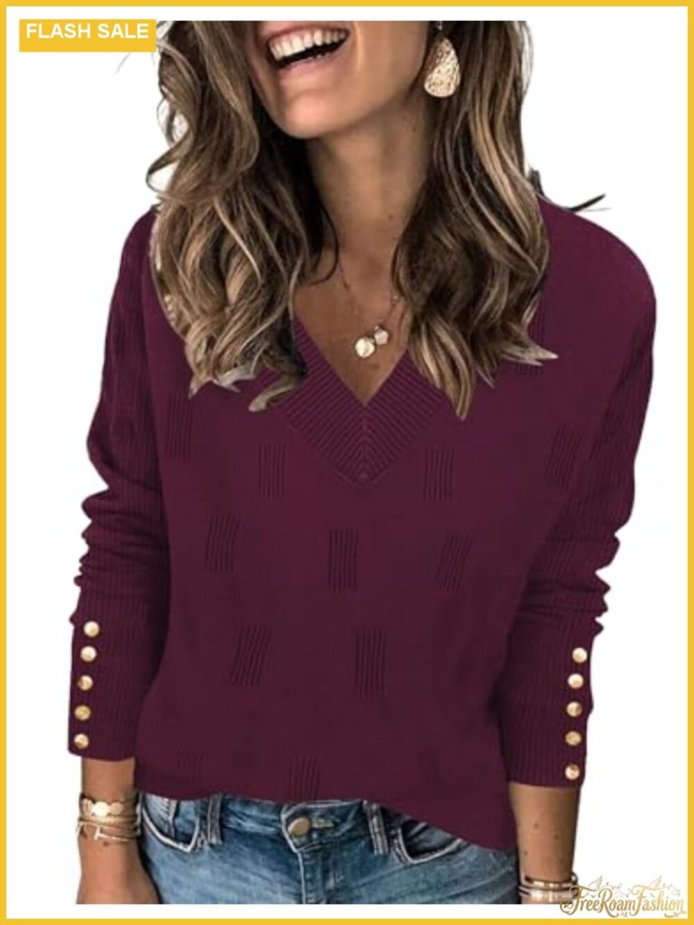 Womens V Neck Sweater Long Sleeve Lightweight Knit Pullover with Buttons